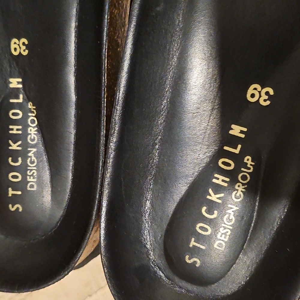 Stockholm Design Group Genuine Leather Black Big Buckle Cork Bed Sandals Size 39 - Picture 3 of 14